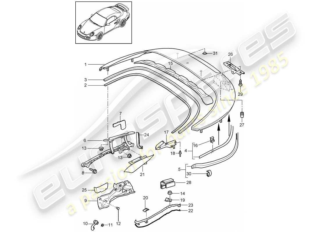 porsche 911 t/gt2rs (2012) top stowage box part diagram