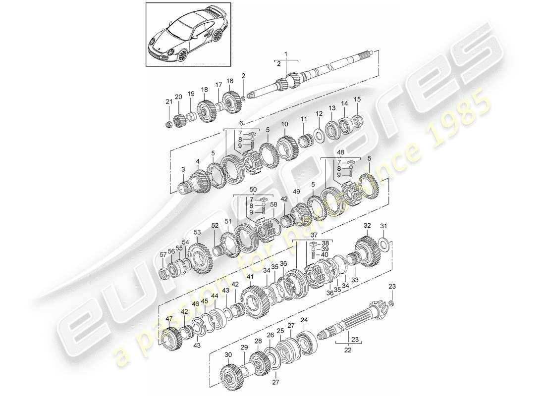 porsche 911 t/gt2rs (2012) gears and shafts part diagram