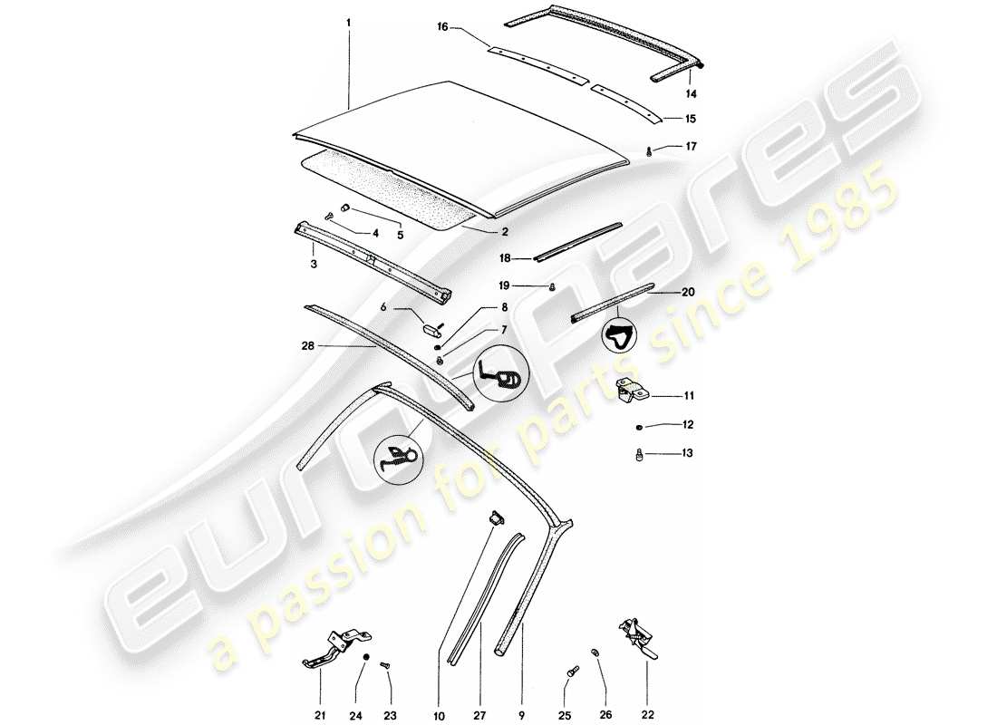 porsche 1975 (914) roof part diagram