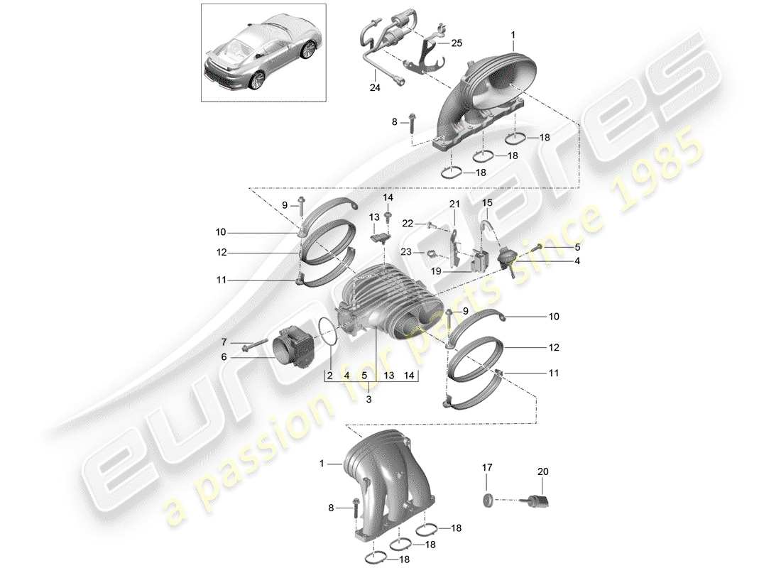 porsche 991r/gt3/rs (2018) intake system part diagram