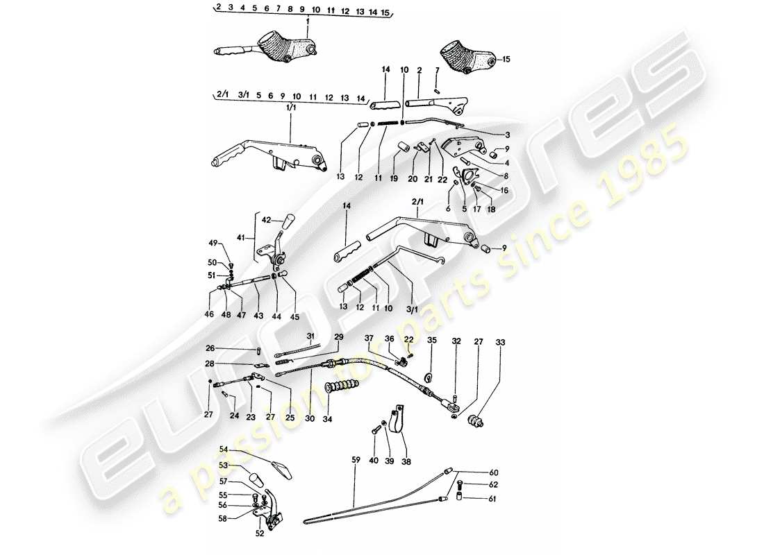 porsche 1975 (914) handbrake - manual throttle - heater - actuator part diagram