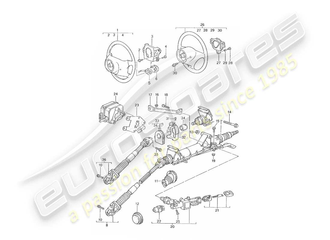porsche 2005 (996) steering protective pipe - intermediate steering shaft - steering wheel part diagram