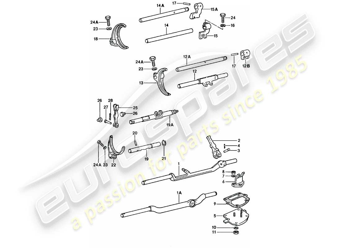 porsche 1980 (911) shift rods - shift forks - 5. - speed - transmission part diagram
