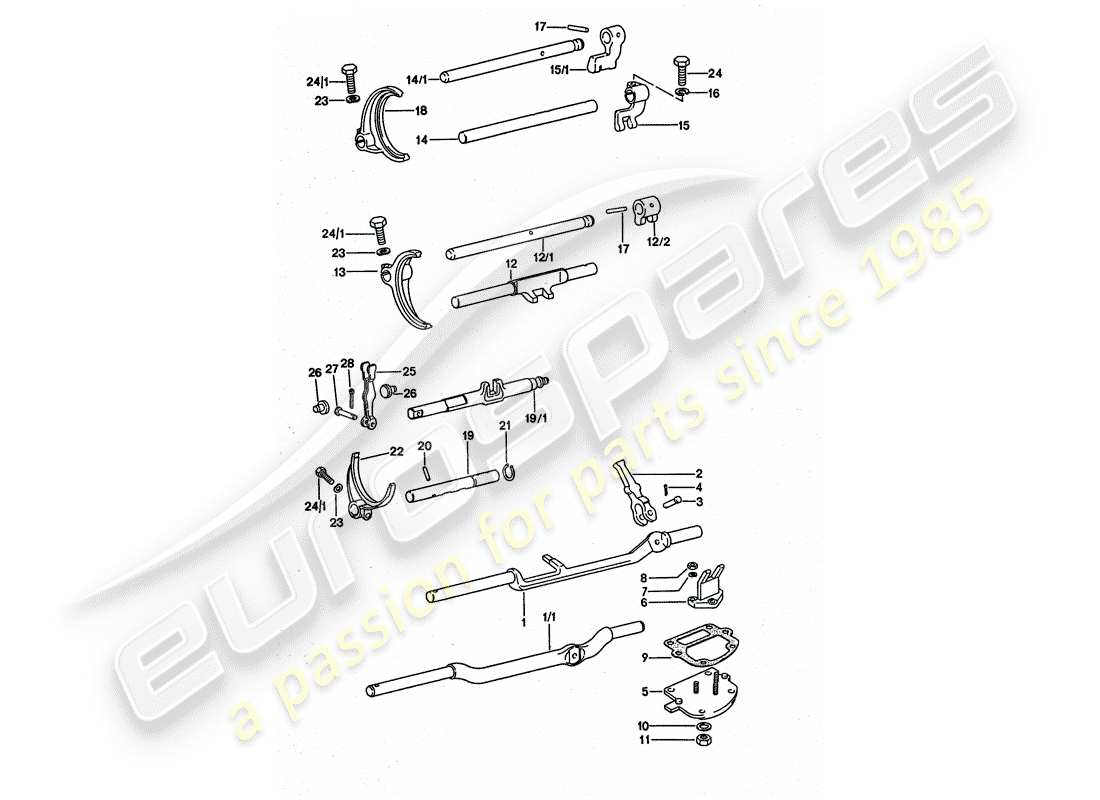 porsche 911 turbo (1977) shift rods - shift forks part diagram