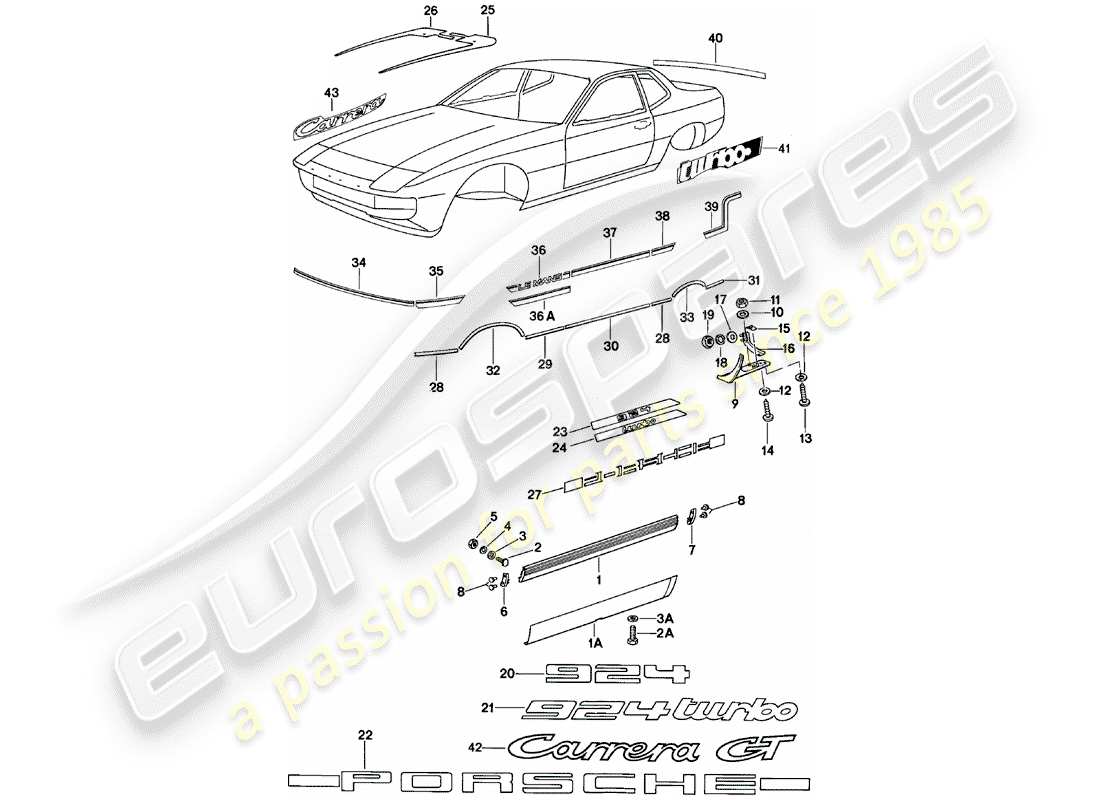 porsche 1983 (924) side member trim - nameplates - wheel opening part diagram
