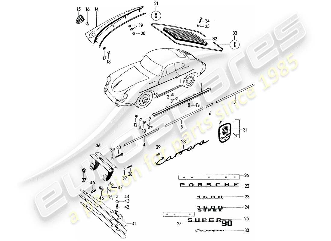 porsche 1962 (356b/356c) decorative fittings part diagram