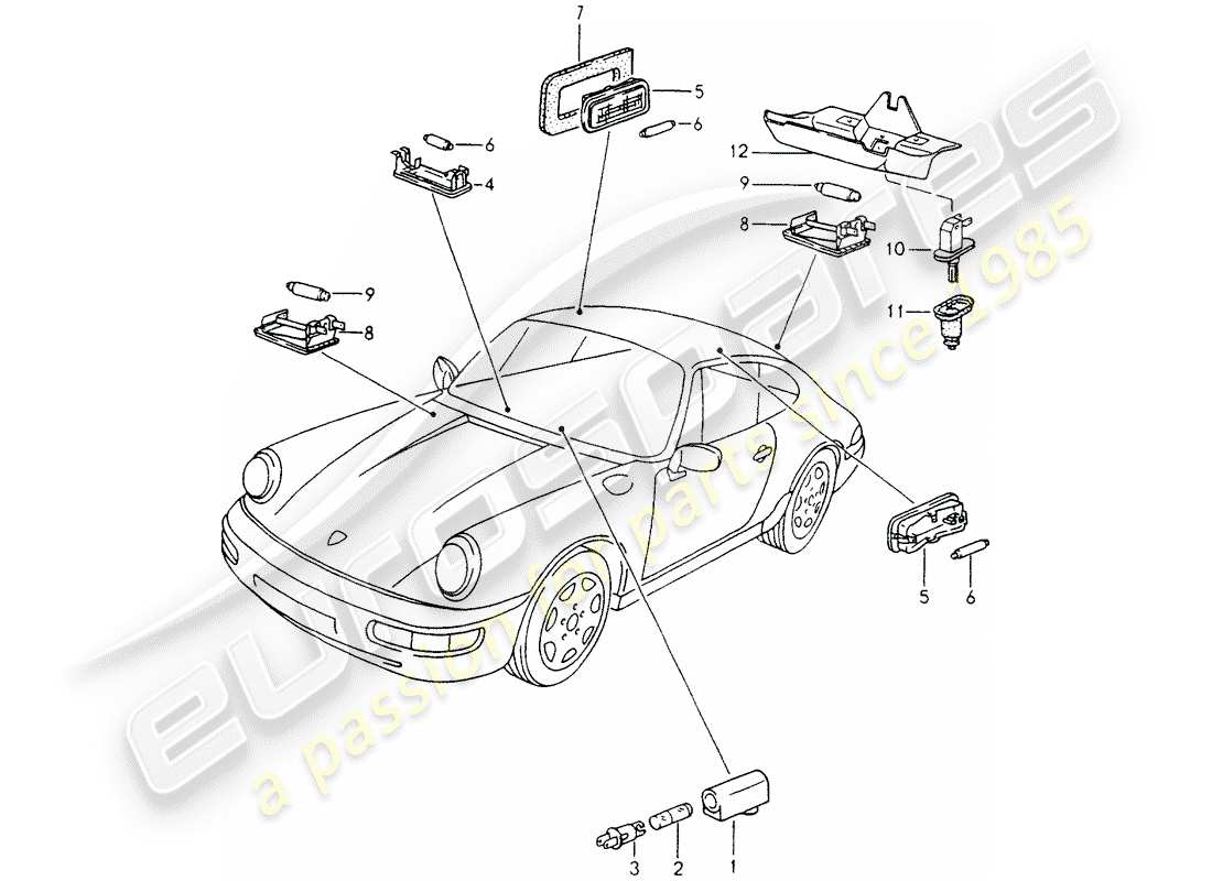 porsche 1990 (964) interior lights - luggage compartment lamp - engine compartment light part diagram