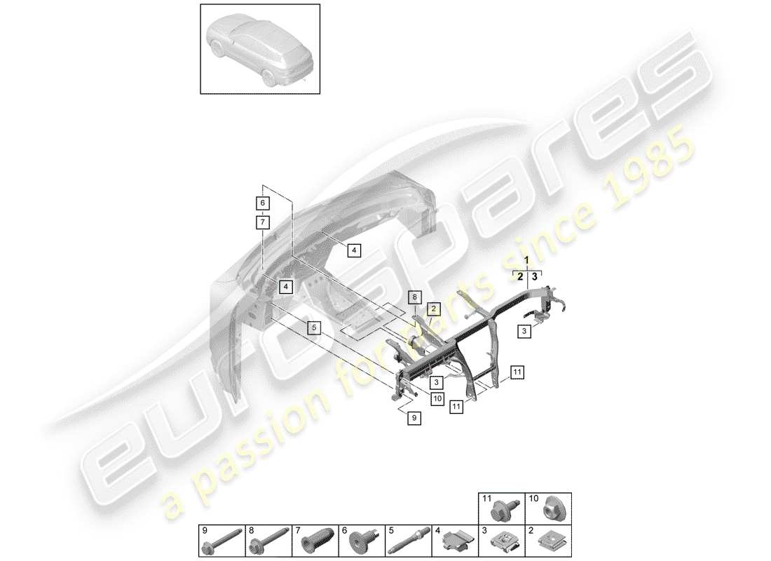 porsche 2018 (cayenne e3 9ya/9yb) retaining frame part diagram