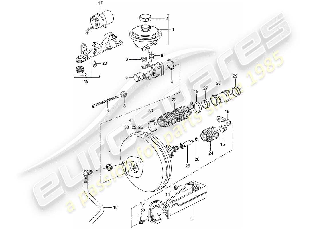 porsche 2003 (986 boxster) brake master cylinder - brake booster - clutch pump part diagram