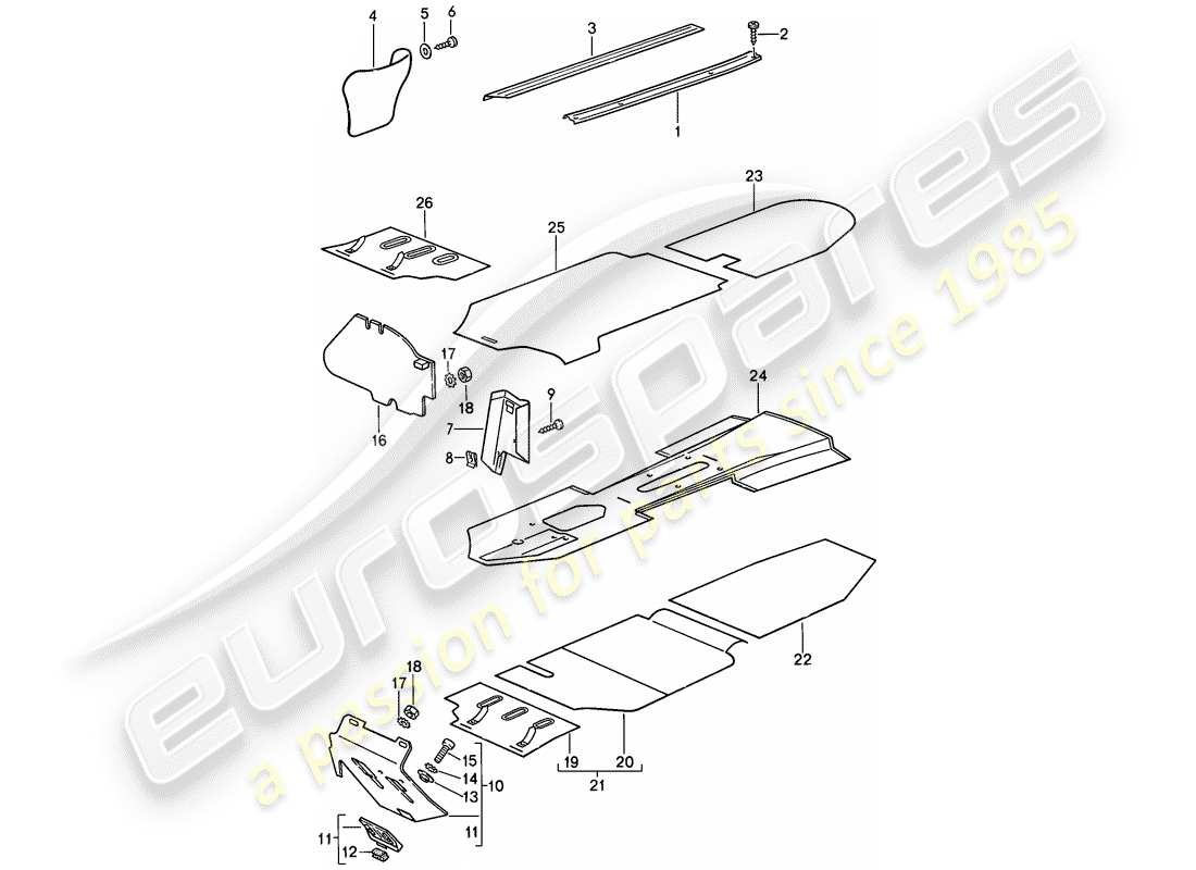porsche 1989 (911) trims - footwell - detachable carpets part diagram