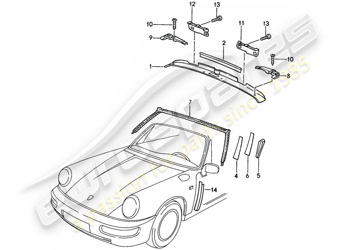 porsche 911 (1988) windshield frame - accessories part diagram