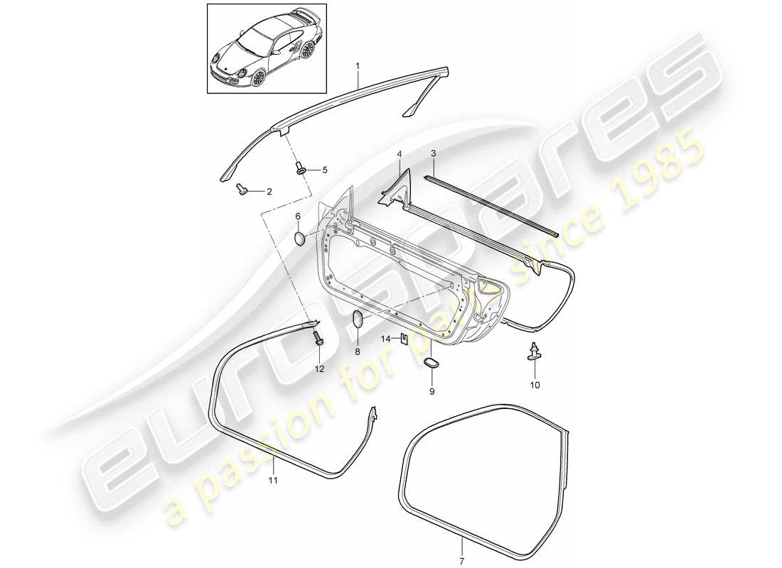 porsche 2011 (997-2 turbo / gt2 rs) door seal part diagram