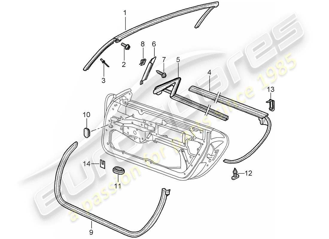 porsche boxster 986 (2003) door seal - gasket - windshield frame part diagram