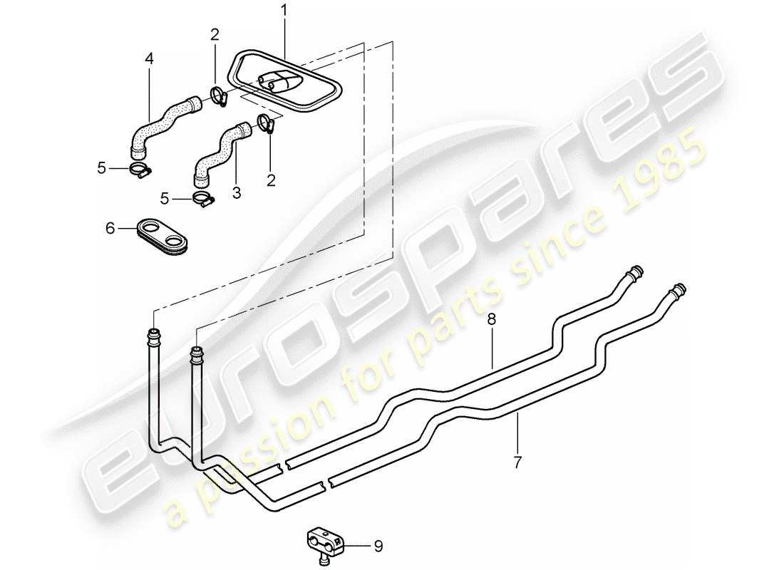 porsche boxster 986 (2002) heater - supply pipe - return line part diagram