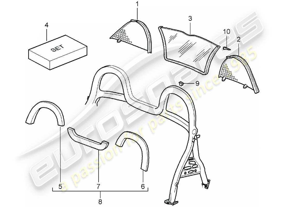 porsche 2002 (986 boxster) windscreen - and - trims - roll bar part diagram