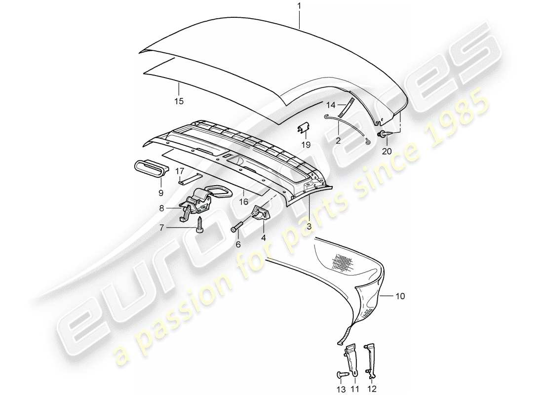 porsche boxster 986 (2004) convertible top covering - headliner part diagram