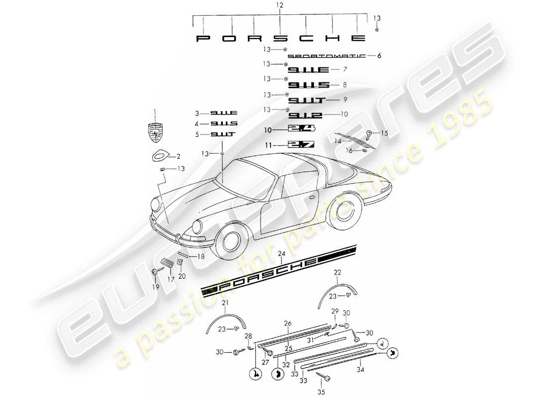 porsche 1970 (911) decorative fittings part diagram