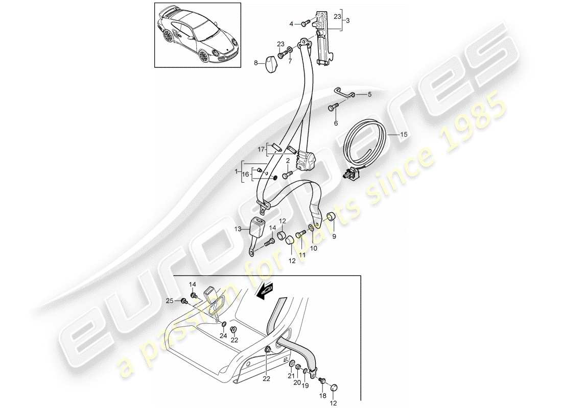 porsche 2013 (997-2 turbo / gt2 rs) seat belt part diagram