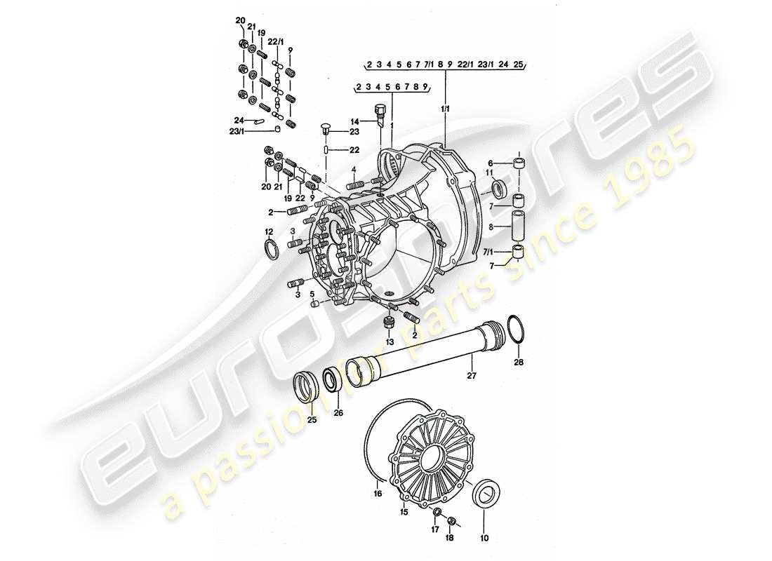 porsche 911 turbo (1977) replacement transmission - transmission case part diagram