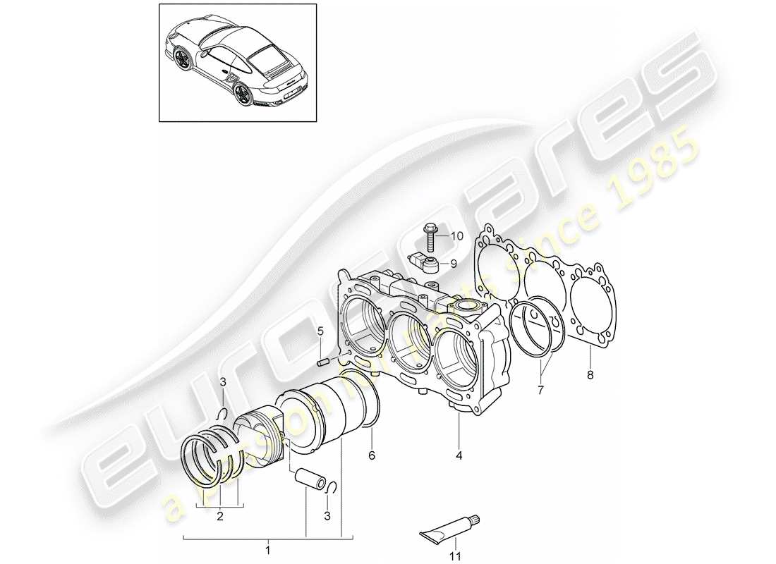 porsche 911 t/gt2rs (2013) cylinder with pistons parts diagram