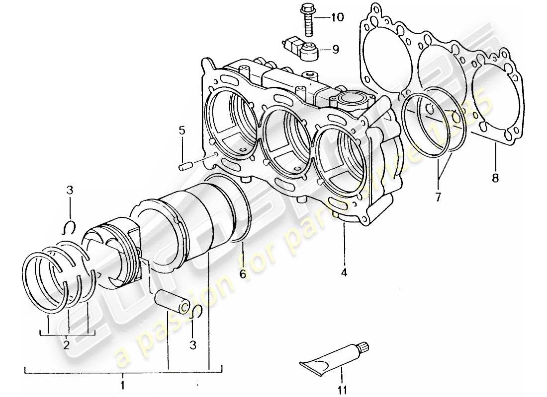 porsche 2004 (996 turbo / gt2) cylinder with pistons - see workshop manual part diagram