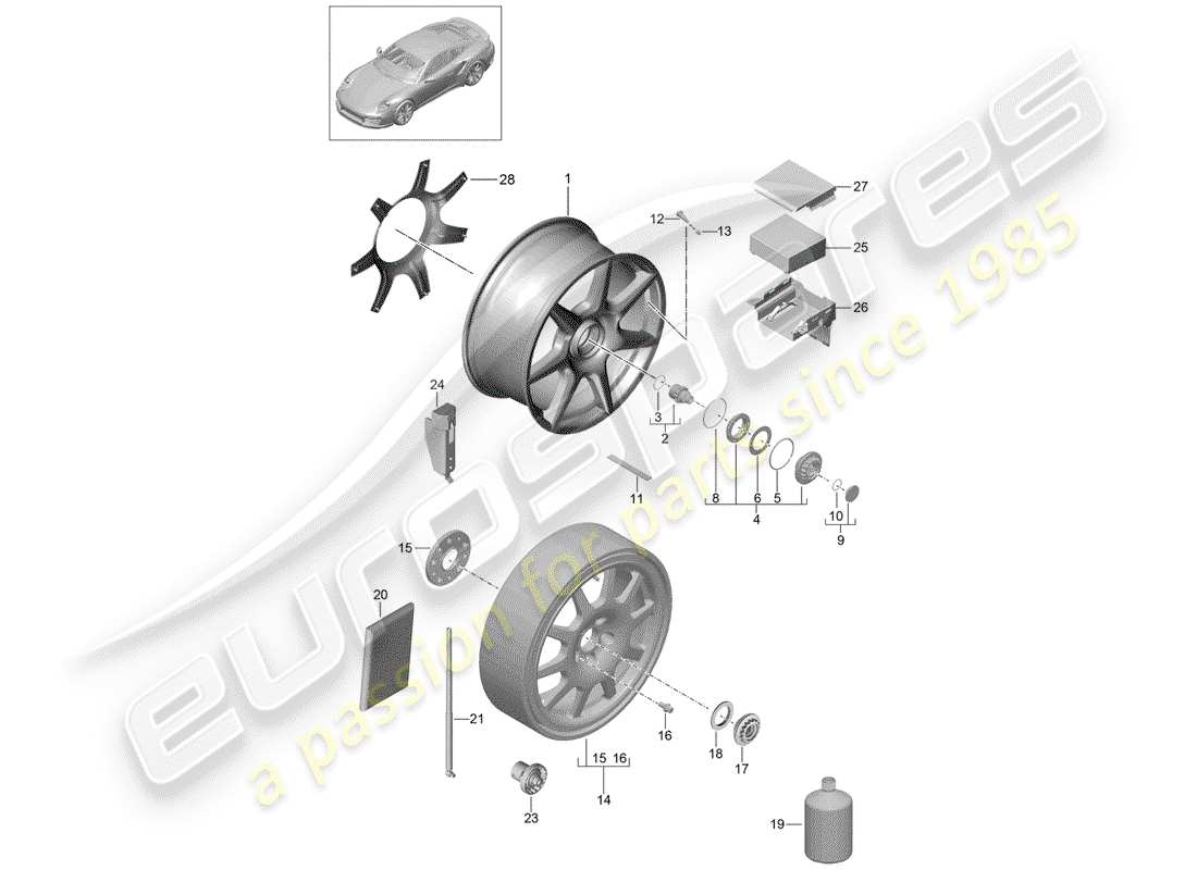 porsche 991 turbo (2020) alloy wheel part diagram