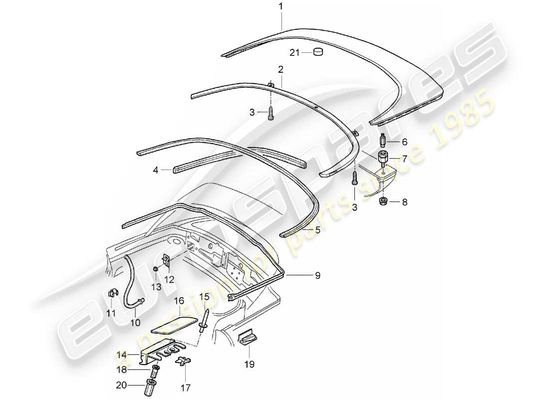 porsche 2004 (986 boxster) top stowage box - cover - gaskets part diagram