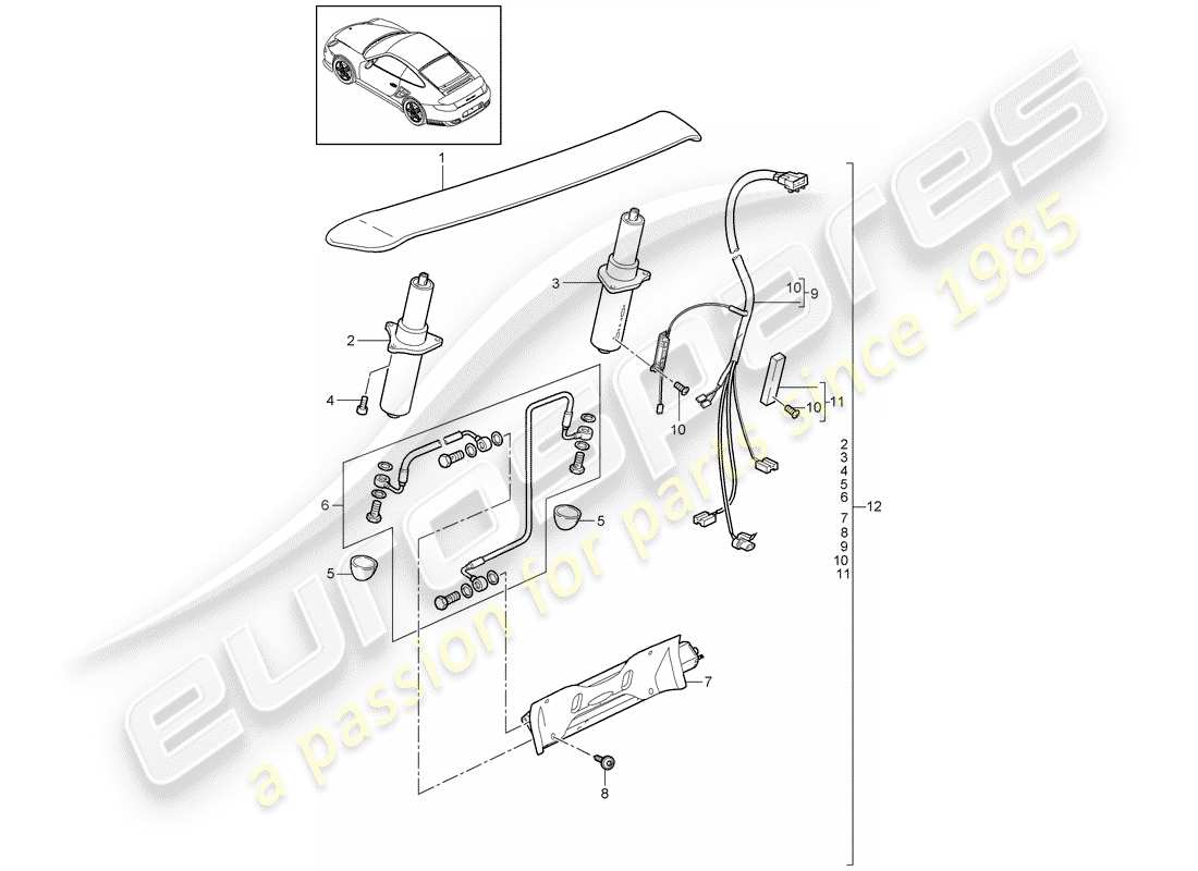 porsche 911 t/gt2rs (2012) rear spoiler part diagram