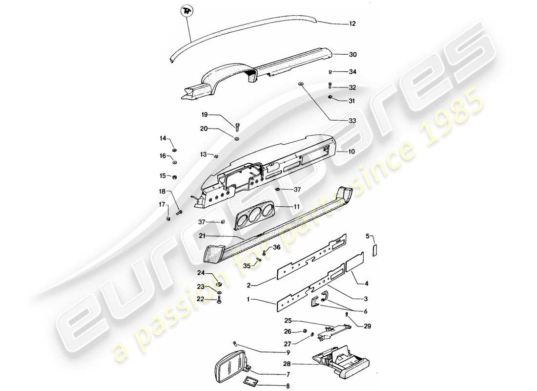 porsche 914 (1973) dashboard - rear view mirror part diagram