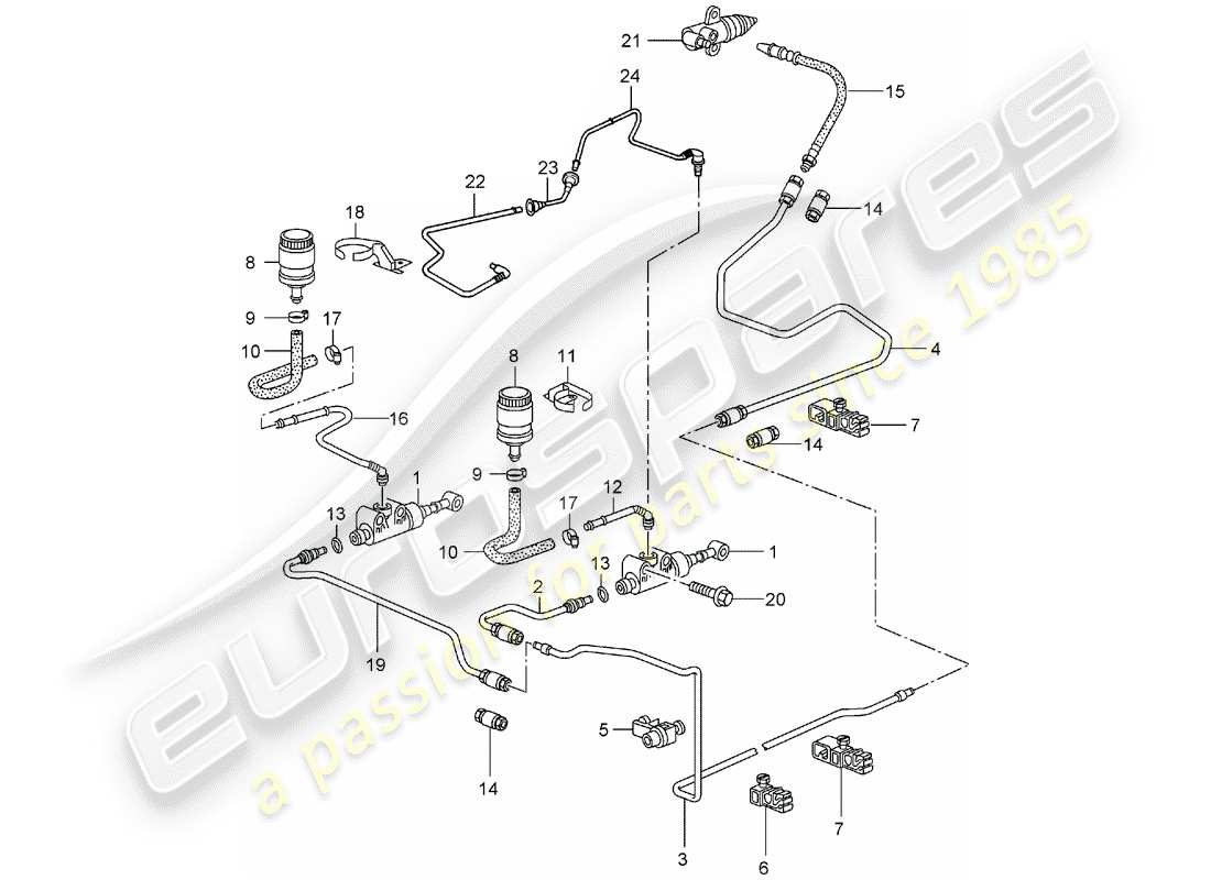 porsche 2004 (996 turbo / gt2) hydraulic clutch - operation - clutch master cylinder - hydraulic clutch pipe part diagram