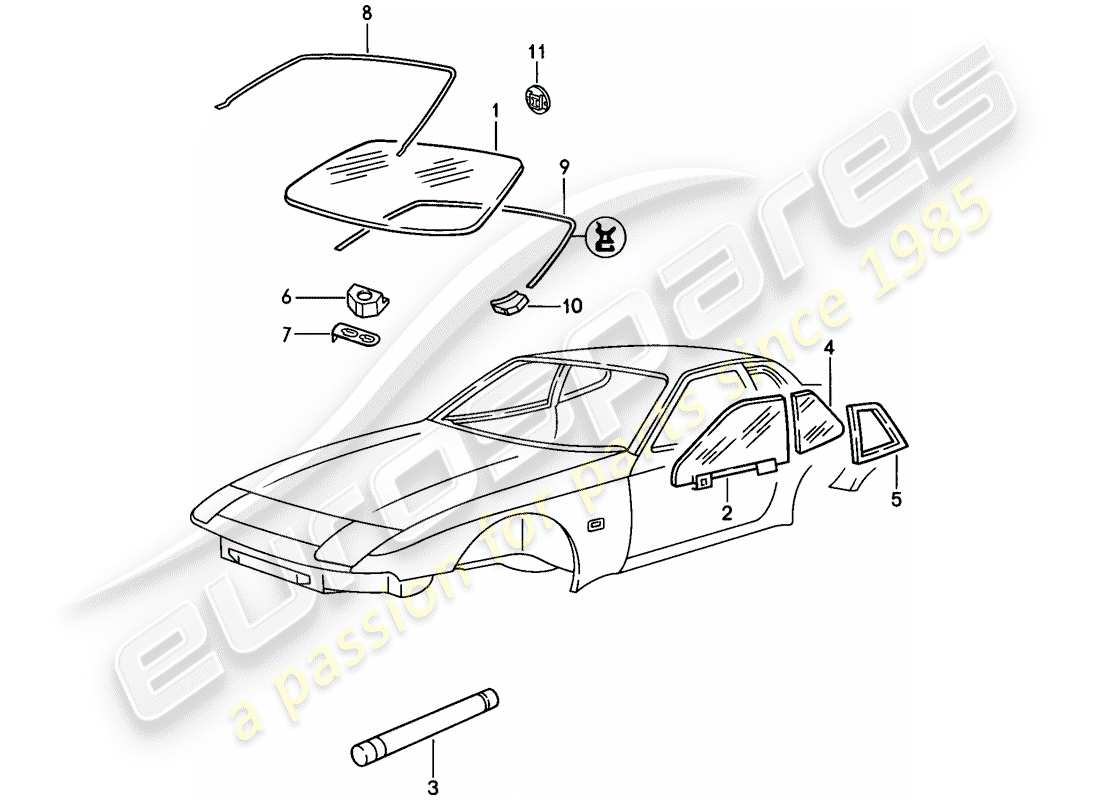 porsche 1986 (944) window glazing part diagram