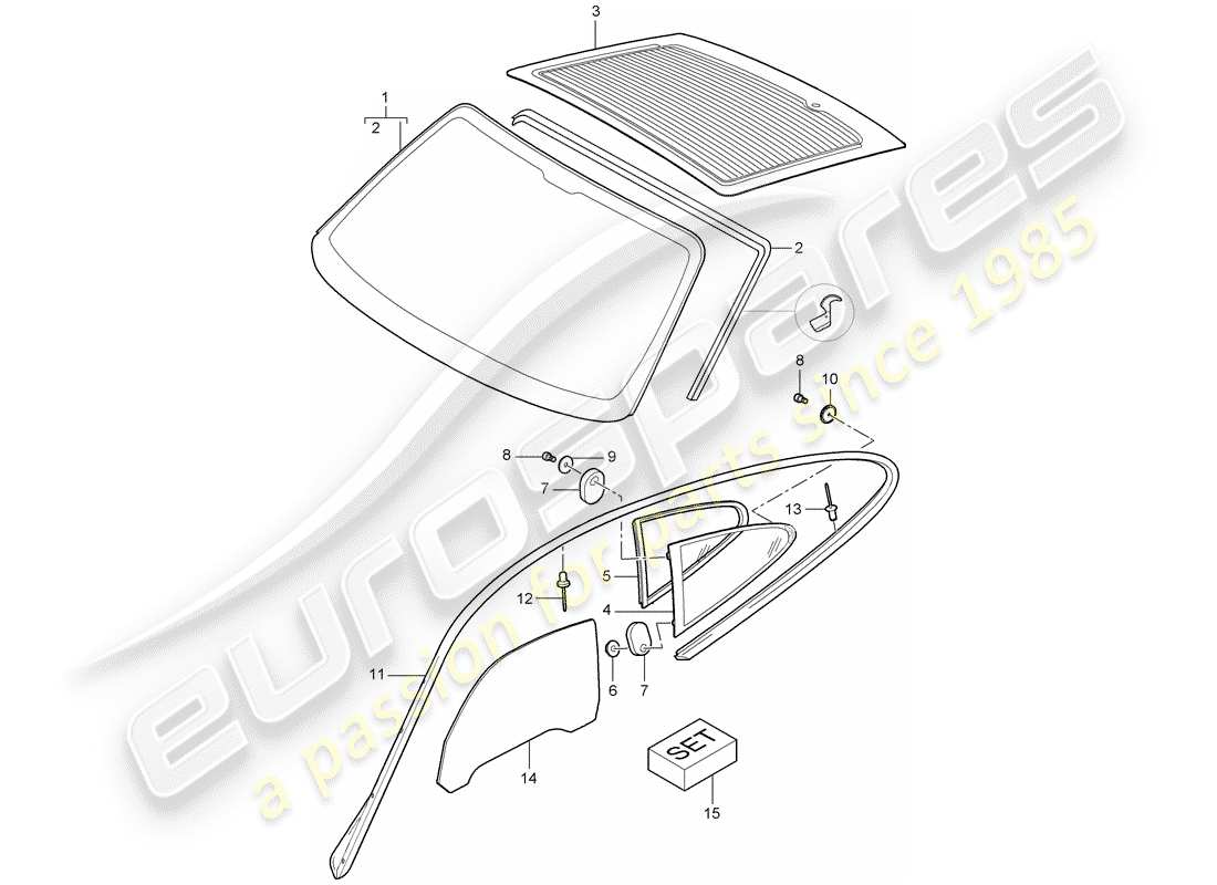 porsche 2011 (997-2 gt3) window glazing part diagram