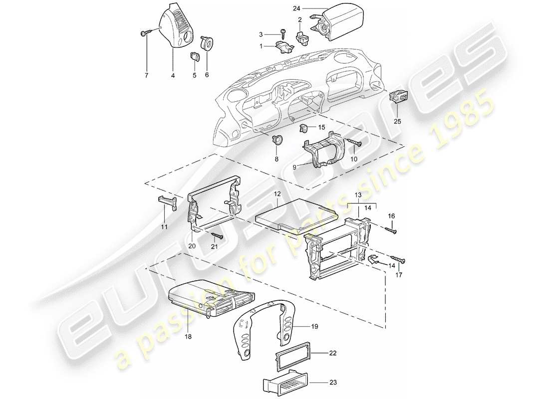 porsche boxster 986 (1999) accessories - dash panel trim parts diagram