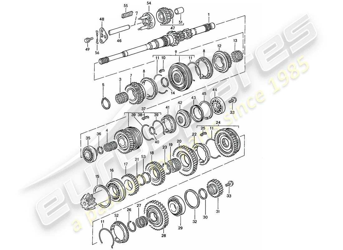 porsche 1986 (944) gears and shafts - manual gearbox part diagram