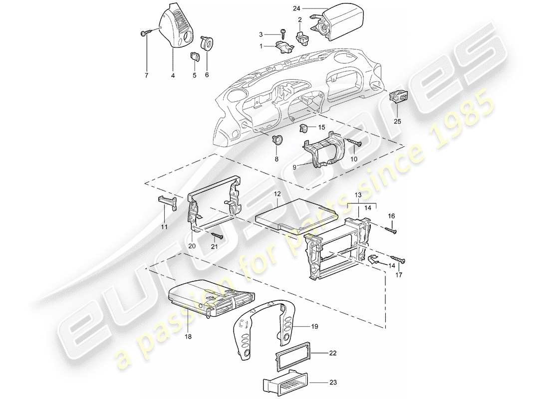 porsche 1998 (986 boxster) accessories - dash panel trim part diagram