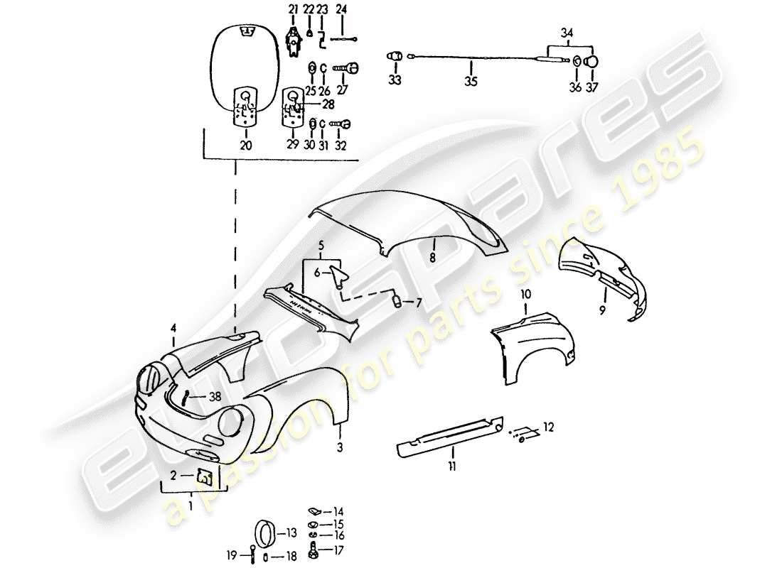 porsche 1960 (356b/356c) exterior panelling parts diagram