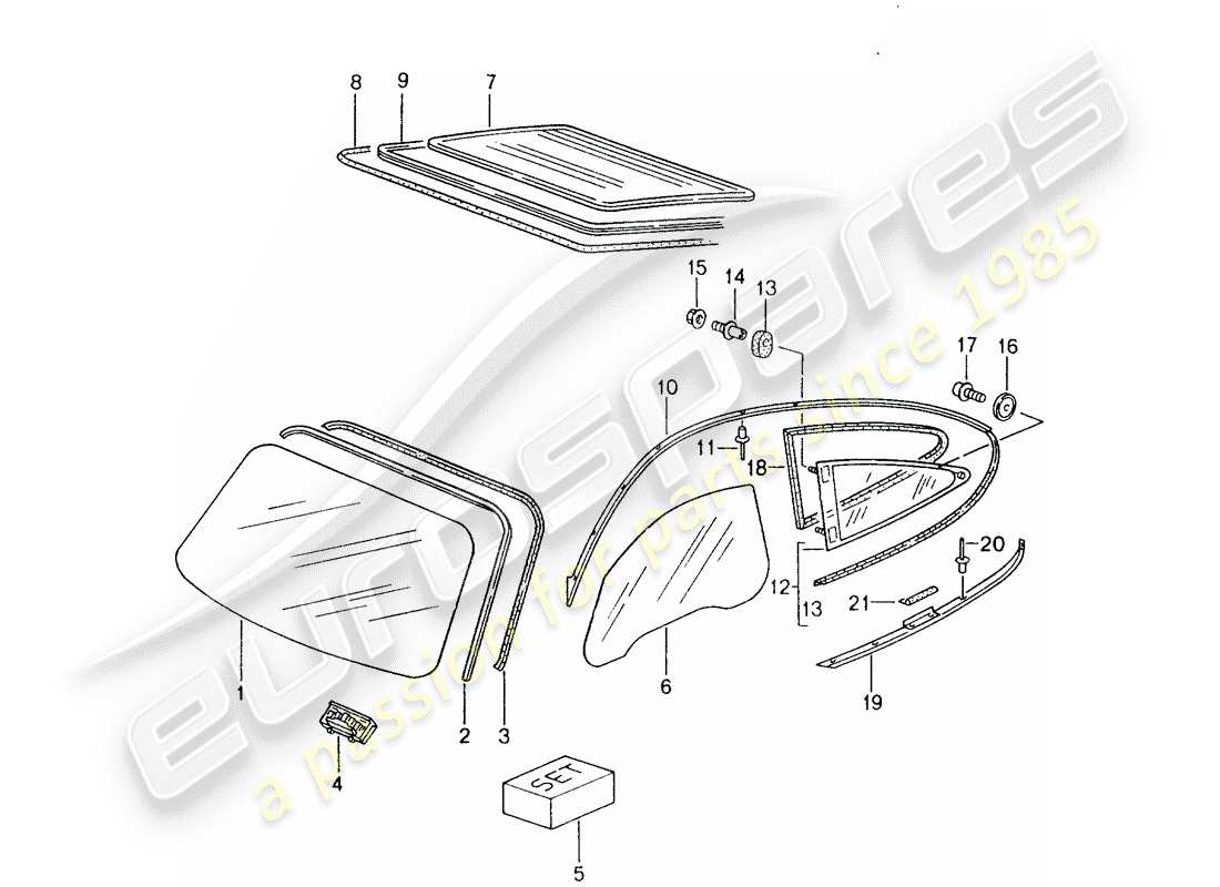 porsche 2005 (996) windshield glass - rear window glass - side window part diagram