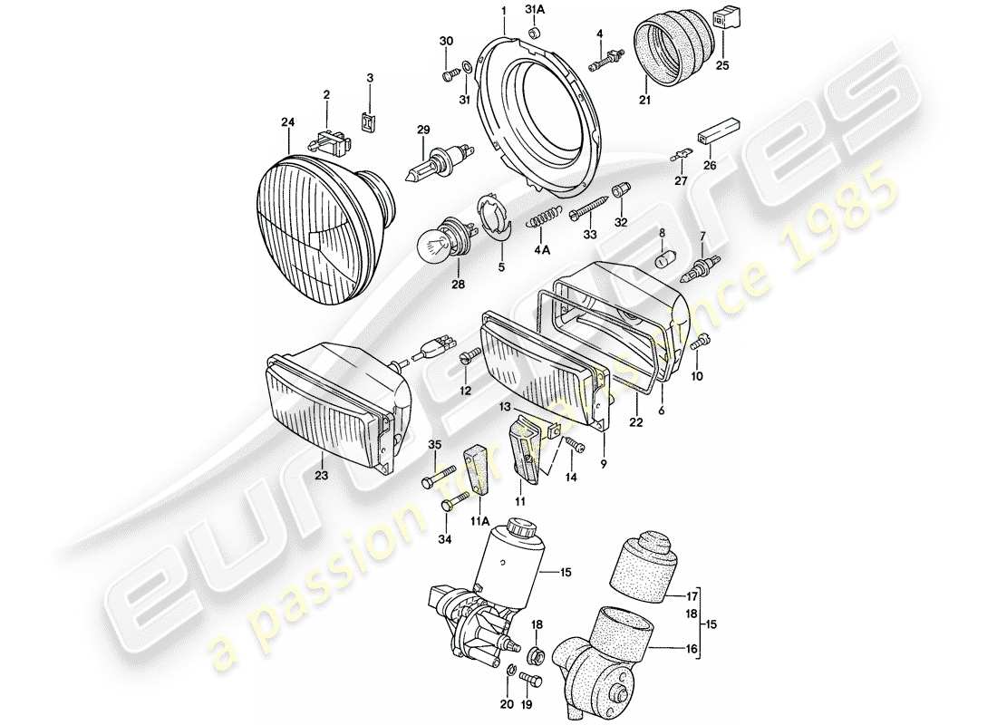 porsche 1977 (924) headlamp - electric motor - pop-up headlight part diagram
