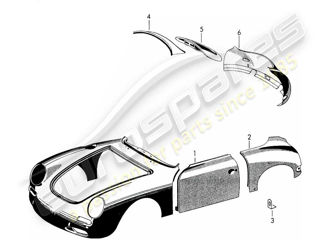 porsche 1954 (356/356a) exterior panelling - fender parts diagram
