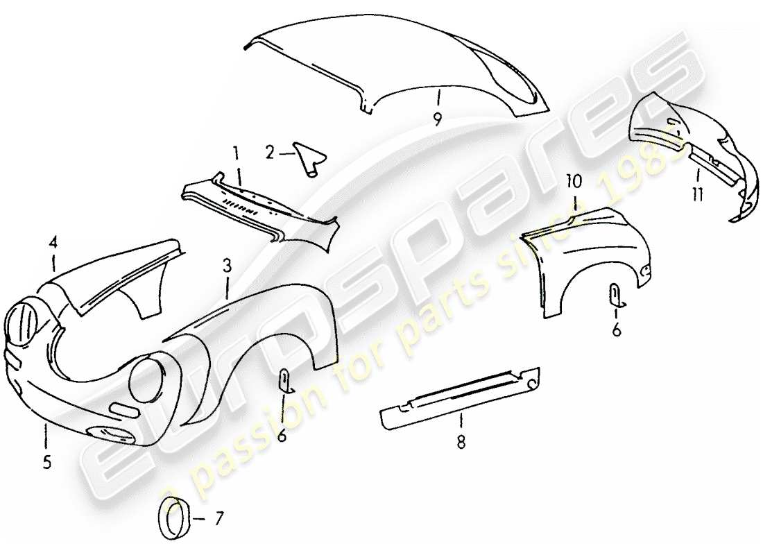 porsche 1959 (356/356a) exterior panelling parts diagram