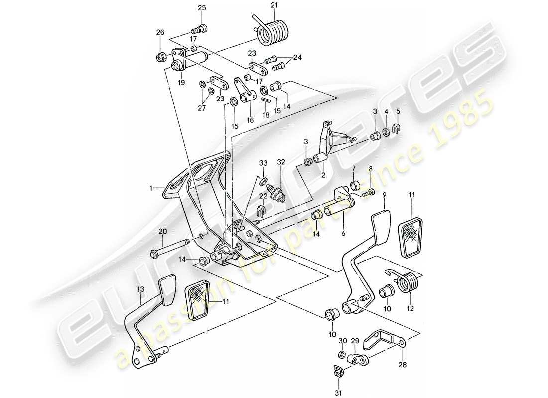 porsche 1988 (959) pedals - clutch - brake parts diagram