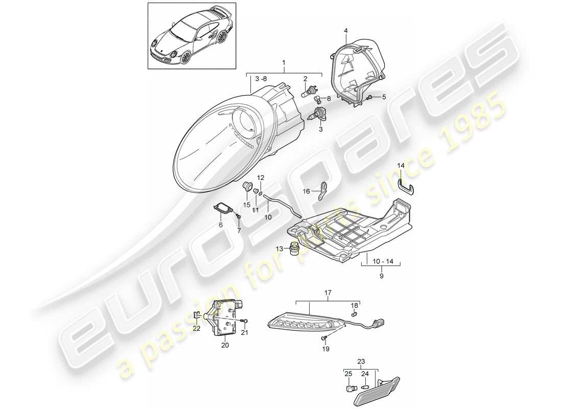 porsche 2013 (997-2 turbo / gt2 rs) headlamp part diagram