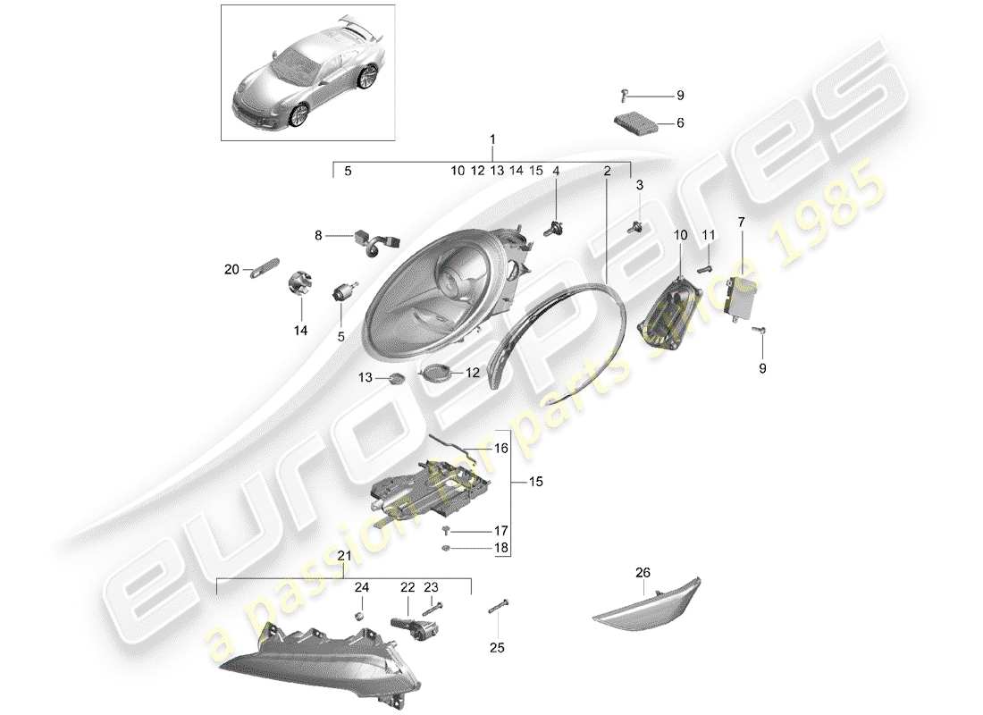 porsche 2016 (991-1 r/gt3/rs) headlamp part diagram