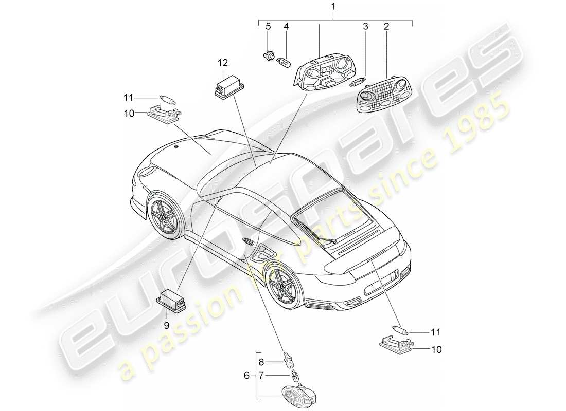 porsche 911 t/gt2rs (2012) interior lights part diagram