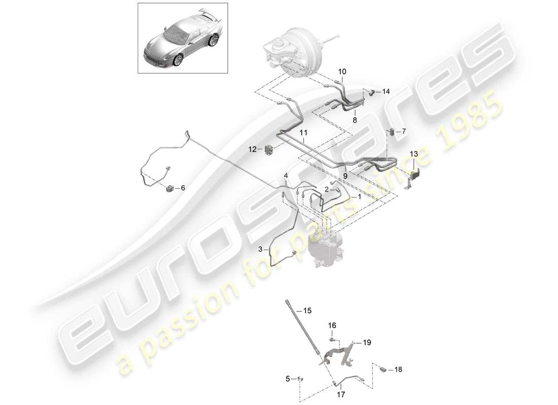 porsche 991r/gt3/rs (2018) brake line part diagram
