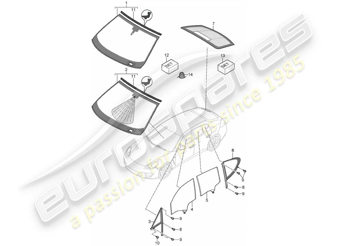 porsche 2013 (panamera 970) window glazing part diagram