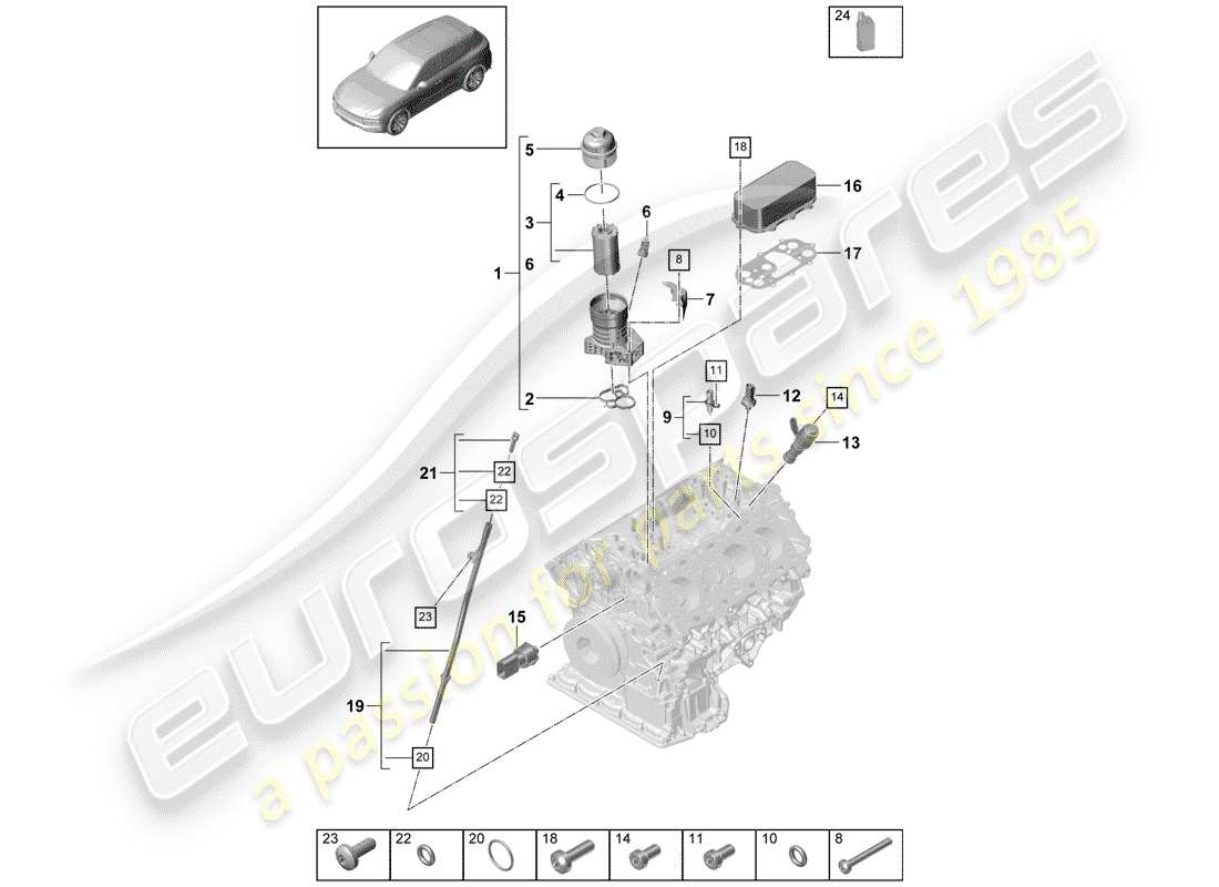 porsche 2018 (cayenne e3 9ya/9yb) oil filter part diagram