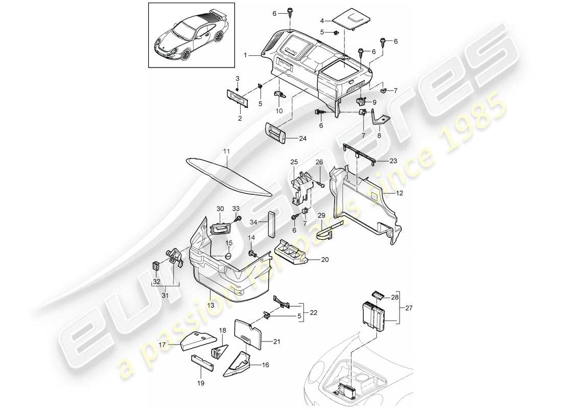porsche 997 gt3 (2010) luggage compartment part diagram