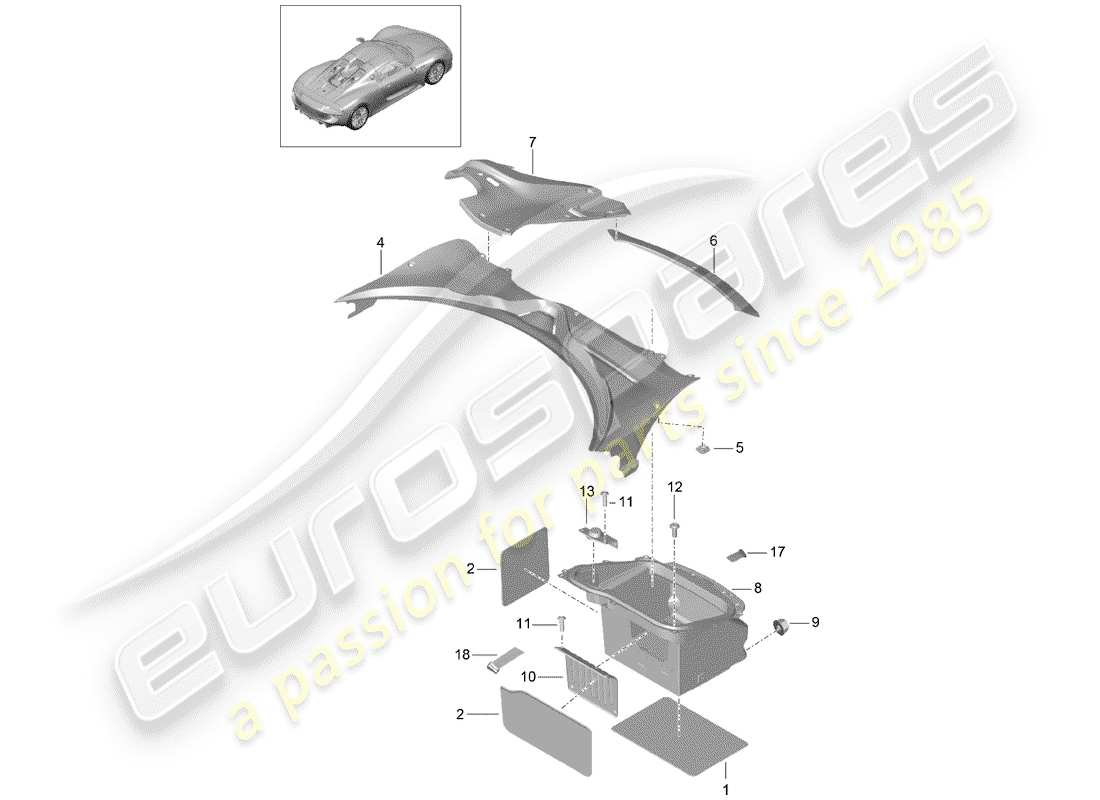 porsche 918 spyder (2015) luggage compartment liner part diagram