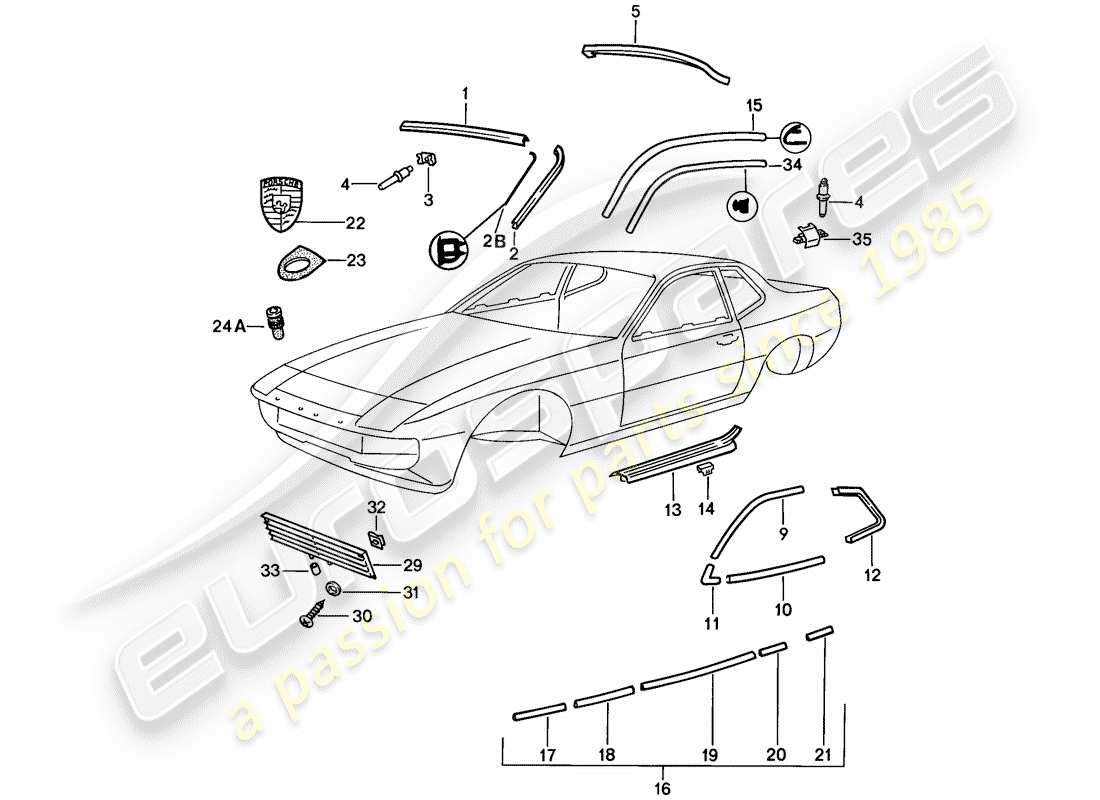 porsche 1988 (924s) decorative moulding part diagram